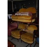 EARLY 20TH CENTURY WALNUT BERGERE SUITE COMPRISING TWO SEAT SOFA AND PAIR OF ARMCHAIRS WITH SINGLE