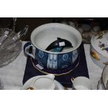 POOLE POTTERY BLUE GLAZED FIGURE OF A DOLPHIN, KENSINGTON PATTERN BLUE PRINTED CHAMBER POT, ROYAL