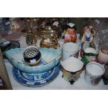 ASSORTED CERAMICS INCLUDING MALING LUSTRE BOAT SHAPED VASE, ROYAL COMMEMORATIVE TANKARDS,