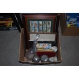 BOX - ASSORTED ITEMS TO INCLUDE FRAMED WILLS CIGARETTE CARDS, PHOTOGRAPH OF A GERMAN RAILWAY GUN