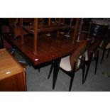 MID 20TH CENTURY MEREDEW FURNITURE - EXTENDING DINING TABLE AND SIX UPHOLSTERED DINING CHAIRS ON