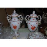 PAIR OF HERREND WHITE, FLORAL AND GILT URN SHAPED JARS AND COVERS