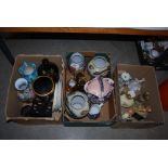 THREE BOXES - ASSORTED ORNAMENTAL CERAMICS, DECORATIVE VASES, DECOUPAGE BOTTLE ETC