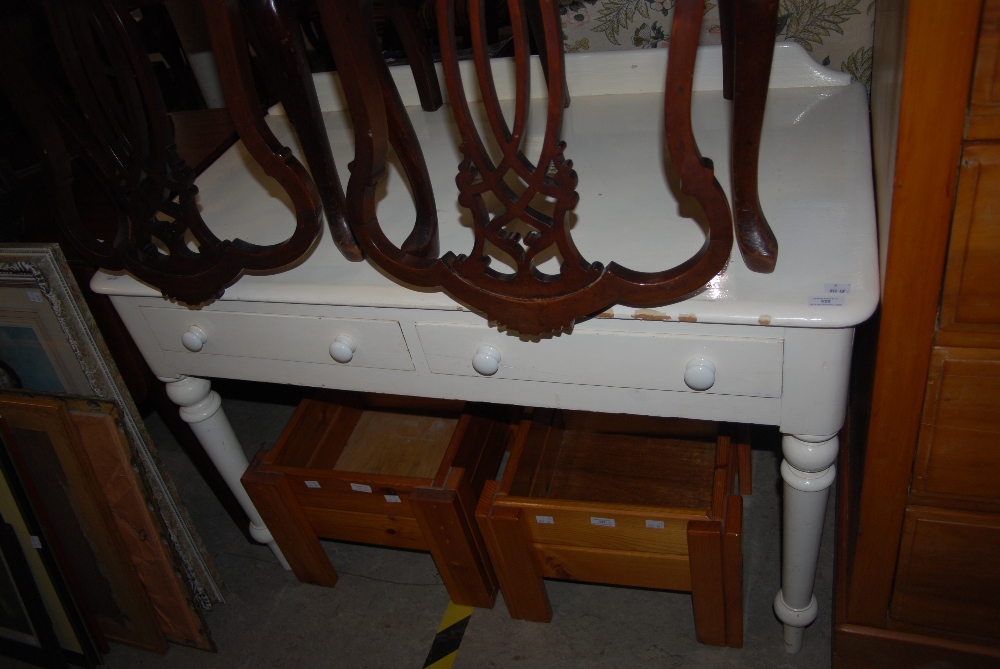 VICTORIAN RED PAINTED PINE SIDE TABLE WITH TWO FRIEZE DRAWERS