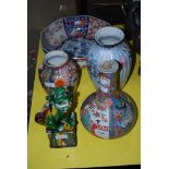 CHINESE PORCELAIN MODEL OF A SANCAI GLAZED SHI SHI DOG, JAPANESE FUKAGAWA BOWL, THREE ASSORTED