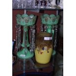PAIR OF VICTORIAN GREEN TINTED GLASS LUSTRES, TOGETHER WITH A YELLOW GROUND STRATHEARN OVOID