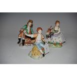 THREE DRESDEN PORCELAIN FIGURINES - YOUNG BOY WITH SCYTHE, YOUNG GIRL WITH GOAT AND YOUNG BOY WITH