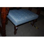 PAIR OF VICTORIAN MAHOGANY KITCHEN CHAIRS AND AN UPHOLSTERED BEECH WOOD RECTANGULAR STOOL