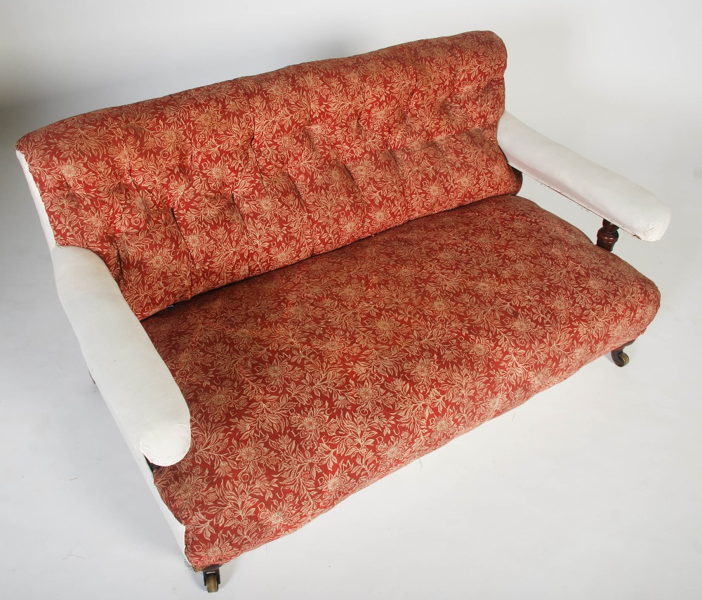 A late 19th century mahogany sofa, Howard & Sons, London, the button down upholstered back and stuff - Image 5 of 12