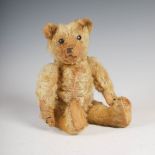 An early 20th century teddy bear, possibly Steiff, with golden mohair and brown/ black button boot