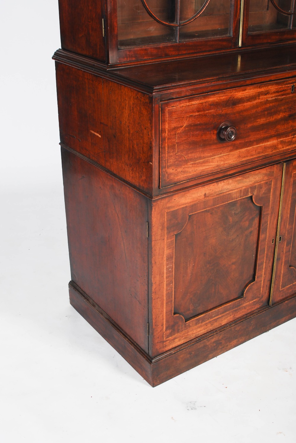 A George III mahogany and boxwood lined secretaire bookcase, the arched cornice centred with a - Image 3 of 9