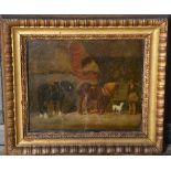 19th century British School Stable with tethered horses, stable hand and dog oil on canvas,