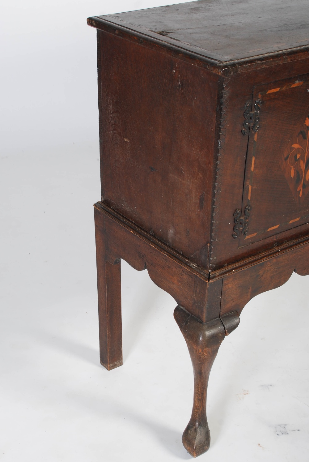 An Arts & Crafts oak and marquetry inlaid cabinet on stand, the cabinet section with rectangular top - Image 3 of 10