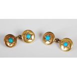 A pair of late 19th/early 20th century yellow metal, turquoise and rose cut diamond set cuff