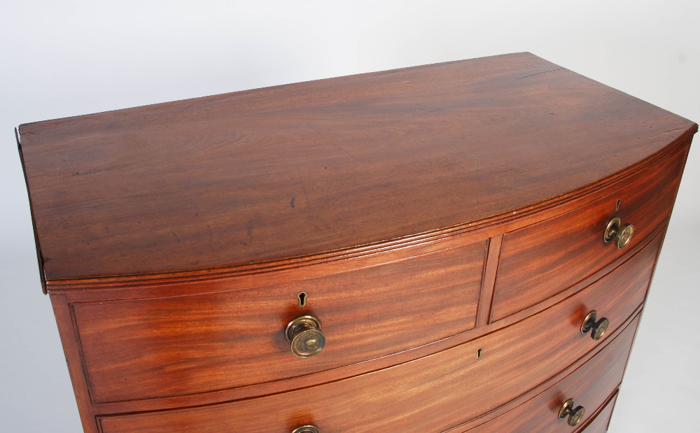 A George III mahogany bow front chest, the shaped top with an applied reeded edge, over two short - Image 2 of 8