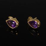 A pair of 9 carat yellow gold and pear-shaped amethyst earrings, Stamped: 375.