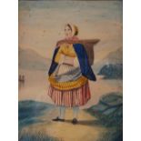 19th century Scottish School Fishwife in highland landscape with boat in background and another, a