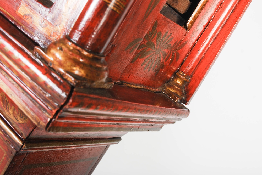 A George III chinoiserie decorated red lacquer longcase clock, the brass dial and chapter ring - Image 4 of 20