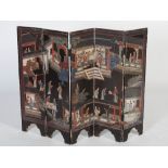 A late 19th/early 20th century Chinese lacquered five fold screen of small size, with carved