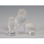 Lalique, three clear and frosted glass paperweights, comprising, Owl, 9cm high, Rapace, 6.3cm