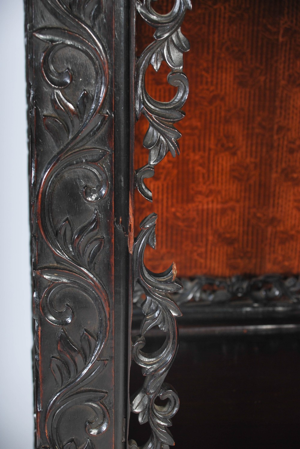 A Chinese dark wood display cabinet, late Qing Dynasty, the rectangular panelled top with a - Image 5 of 8