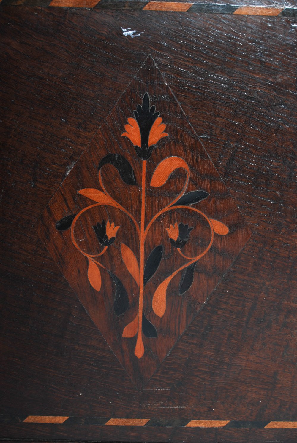 An Arts & Crafts oak and marquetry inlaid cabinet on stand, the cabinet section with rectangular top - Image 7 of 10