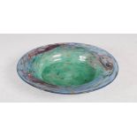 A rare Monart fruit plate/shallow dish, shape YE, mottled blue, purple and green glass with three