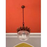 A late 19th/ early 20th century copper and frosted glass hanging light, with fleur-de-lys