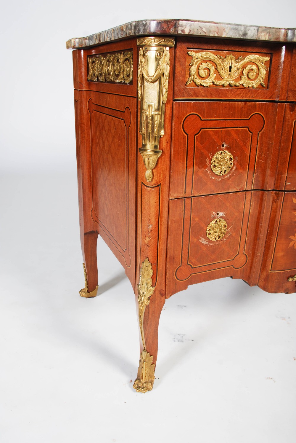 A late 19th century French kingwood, parquetry and gilt metal mounted Transitional style commode, - Image 4 of 11