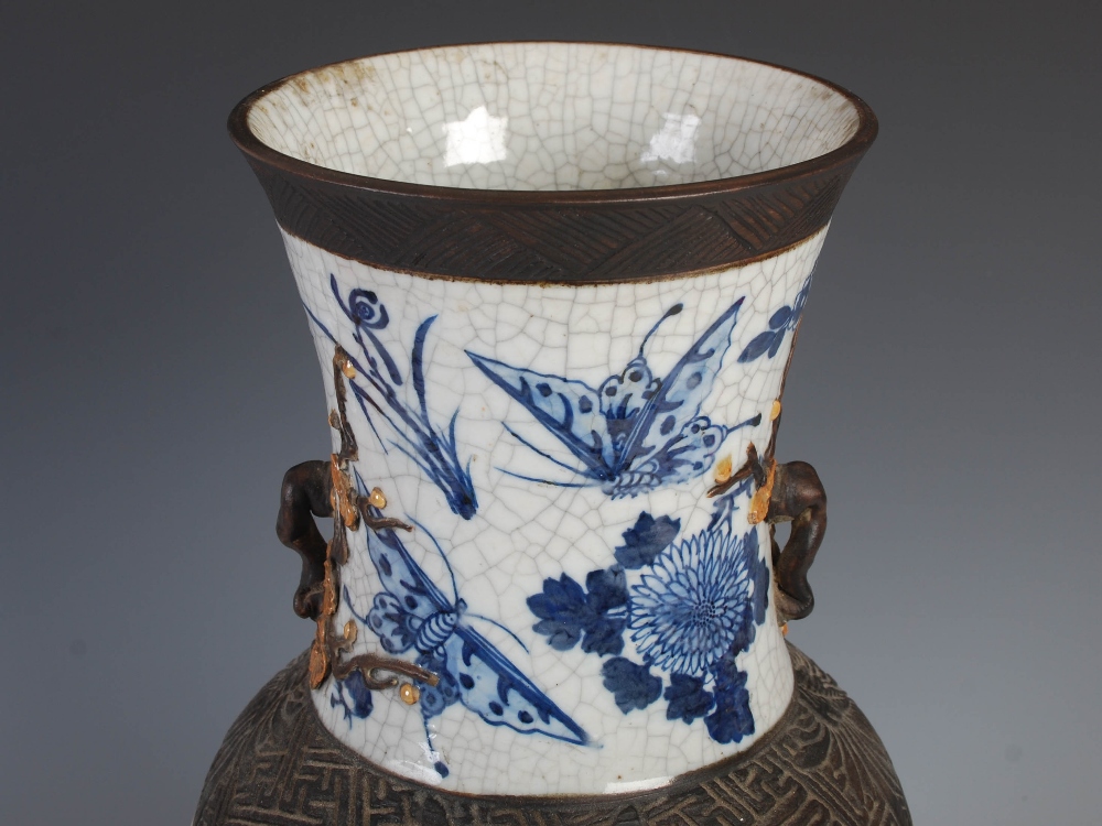 A Chinese porcelain blue and white crackle glazed vase, Qing Dynasty, decorated with foliate sprays, - Image 5 of 10