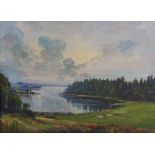 20th century British School Sunset over a loch oil on canvas, indistinctly signed and dated 1943