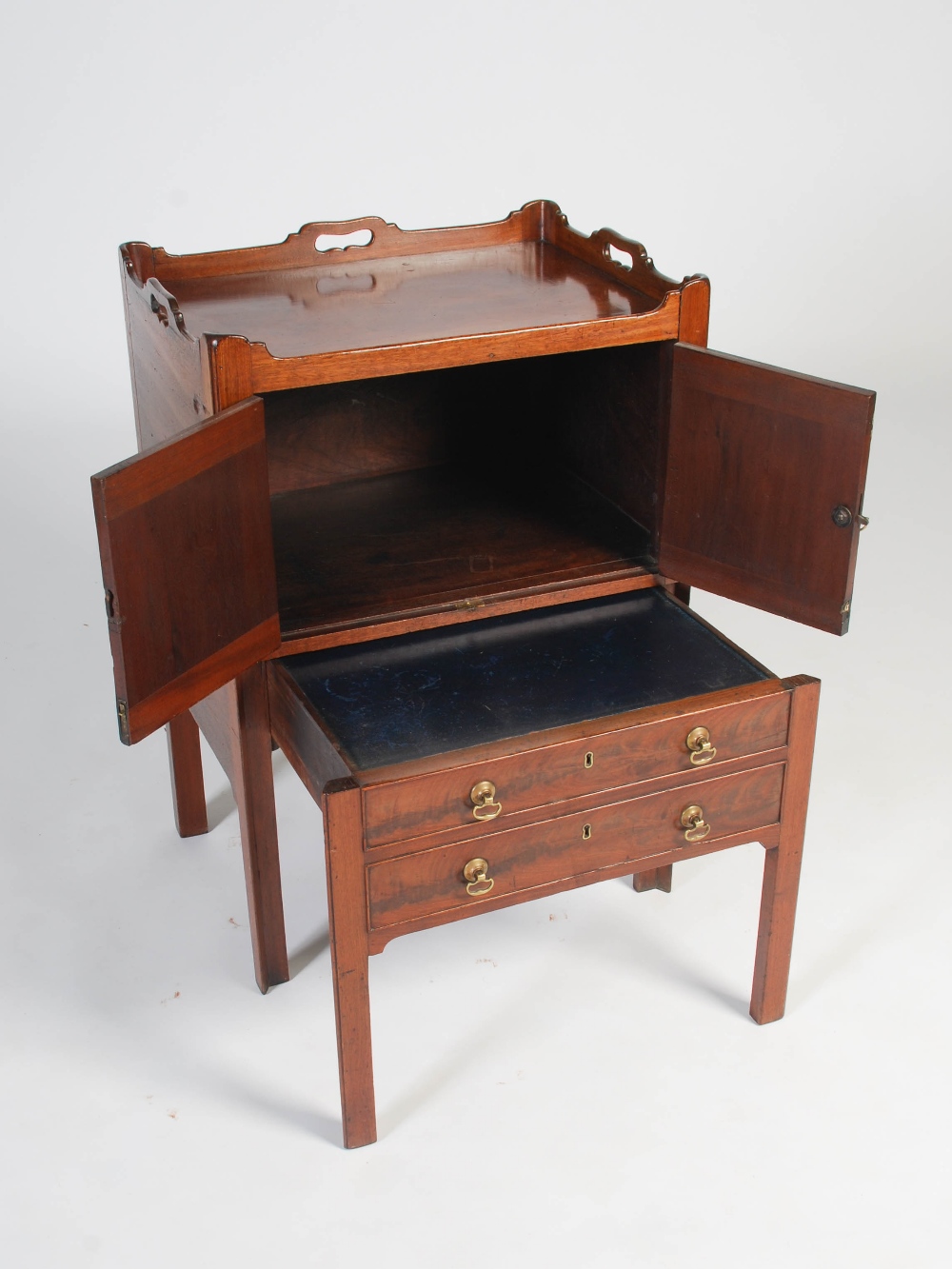 A George III mahogany tray top commode, the rectangular top with three quarter gallery and pierced - Image 3 of 10