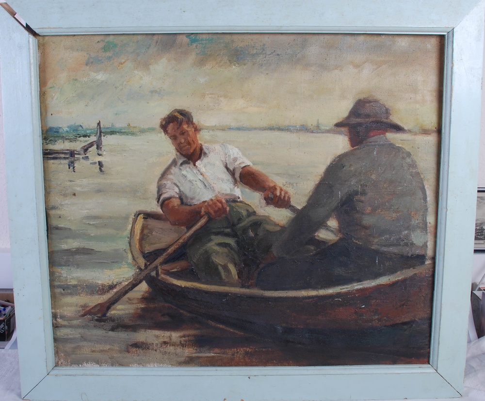 Early 20th century European School Rowing to shore oil on canvas 63cm x 73cm - Image 2 of 6