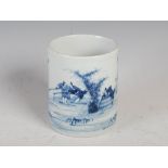 A Chinese porcelain blue and white brush pot, late Qing Dynasty, decorated with continuous scene