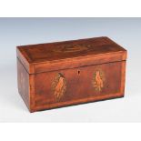 A George III mahogany and marquetry inlaid tea caddy, the hinged rectangular cover inlaid with