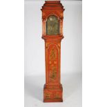A George III chinoiserie decorated red lacquer longcase clock, the brass dial and chapter ring