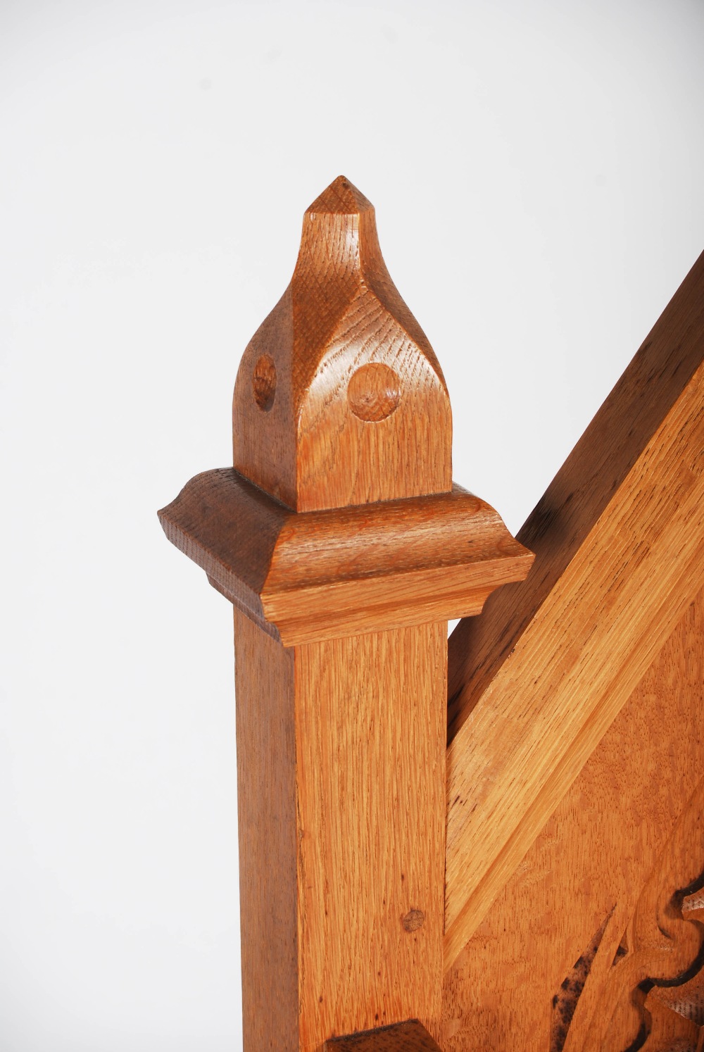 An early 20th century oak Gothic altar chair, the triangular panelled back centred with a relief - Image 6 of 9