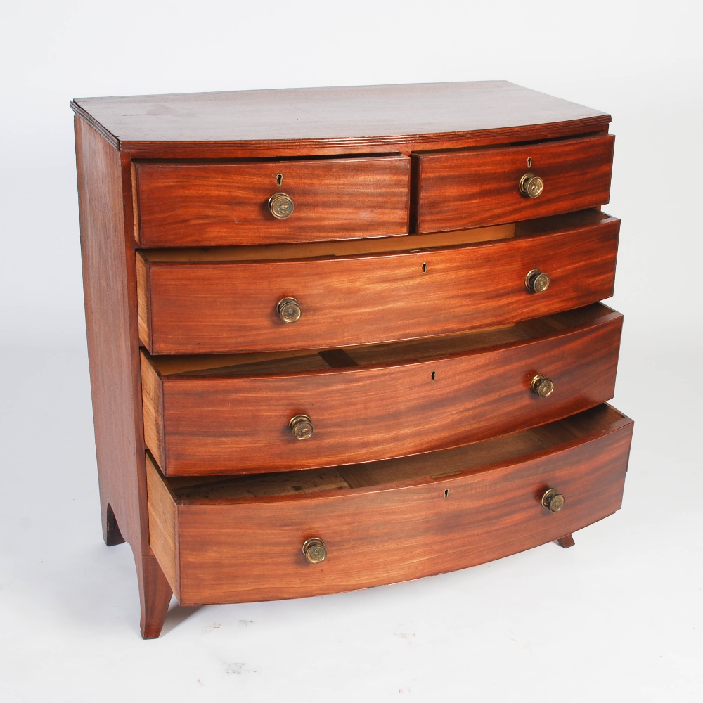 A George III mahogany bow front chest, the shaped top with an applied reeded edge, over two short - Image 4 of 8