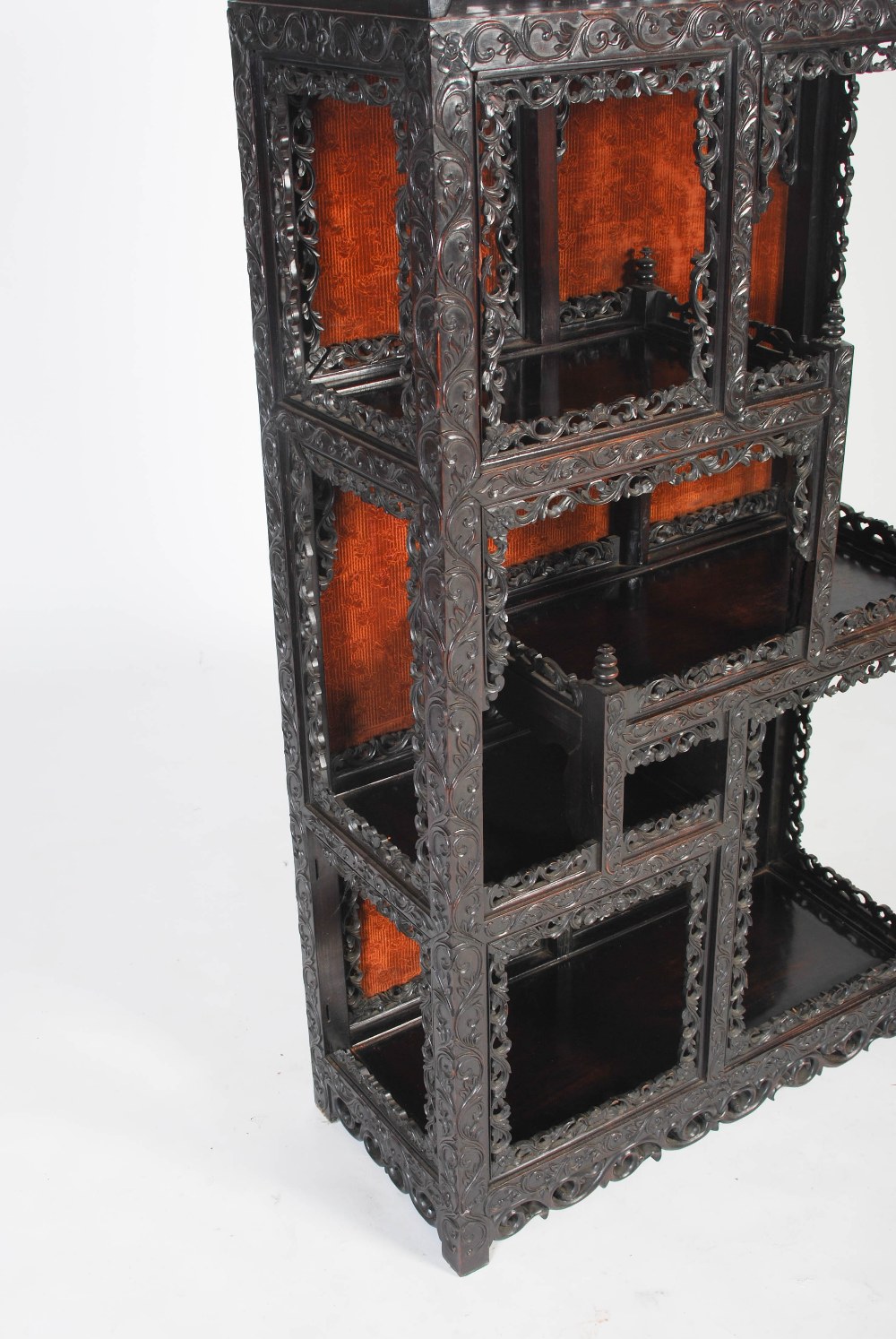 A Chinese dark wood display cabinet, late Qing Dynasty, the rectangular panelled top with a - Image 3 of 8
