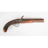A George III flintlock pistol, with hexagonal shaped barrel, pull out ram rod, the hammer missing,
