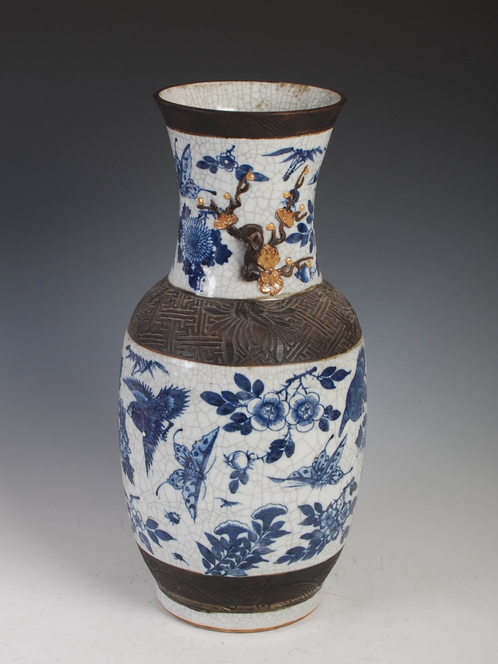 A Chinese porcelain blue and white crackle glazed vase, Qing Dynasty, decorated with foliate sprays, - Image 2 of 10