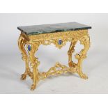 A Continental gilt wood and polychrome decorated console table in the 18th century style, the