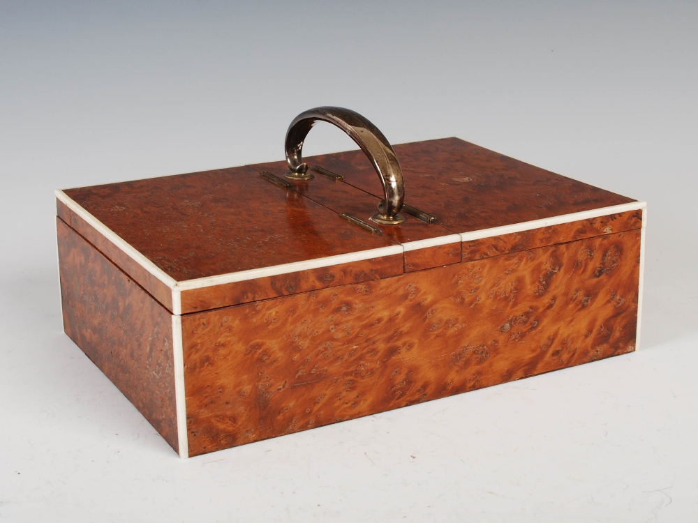 An Art Deco burr walnut, white metal mounted and ivory strung cigar box by Callow of Mount Street,