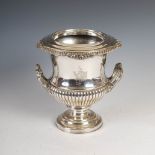 A 19th century Sheffield plate urn shaped wine cooler, with twin acanthus cast handles and part