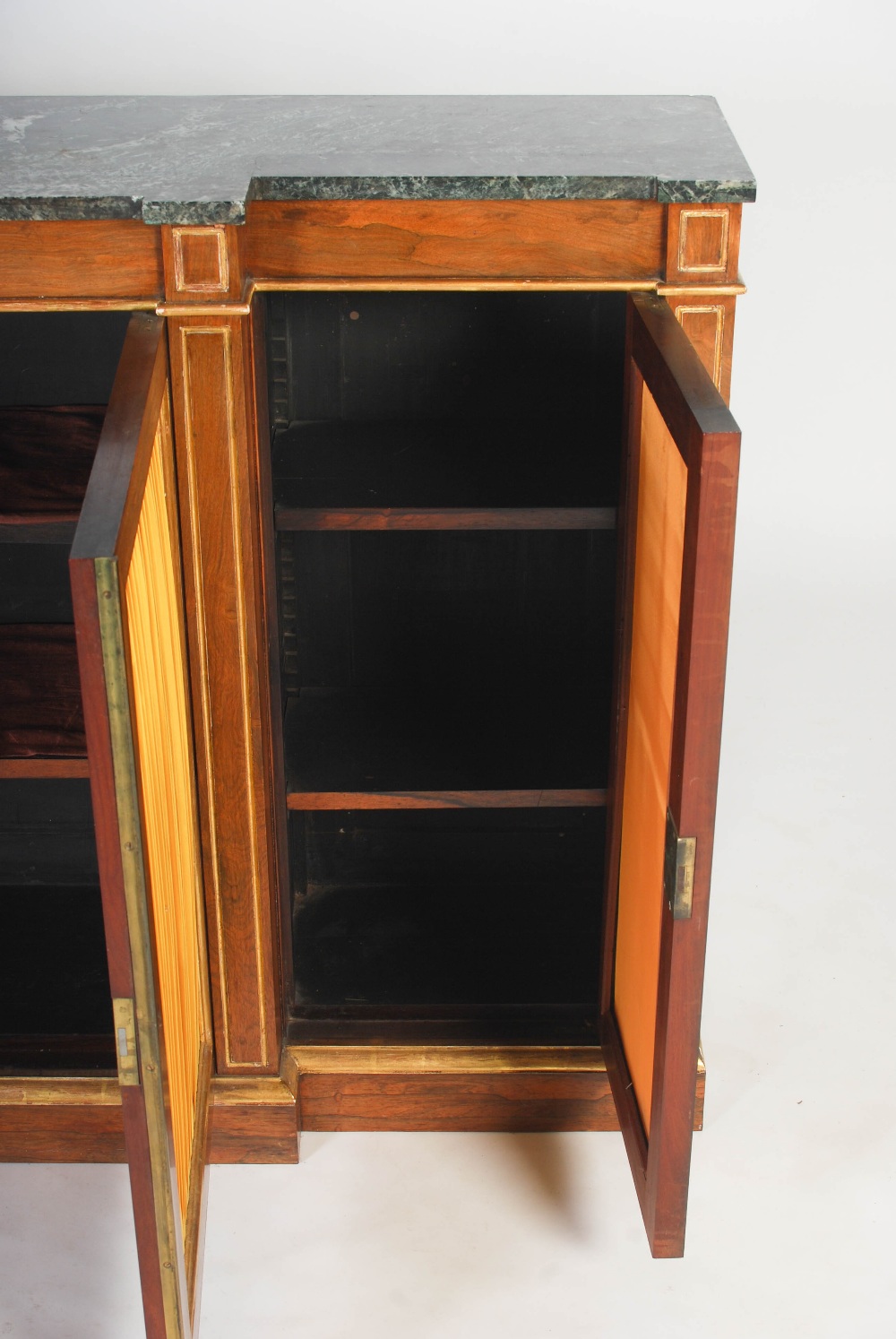 A 19th century Regency style rosewood and parcel gilt breakfront side cabinet, the mottled green and - Image 7 of 12