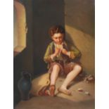 A late 19th century Berlin, KPM porcelain plaque, decorated with a young boy with a basket of