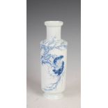 A Chinese porcelain blue and white rouleau vase, 20th century, decorated with pair of birds on