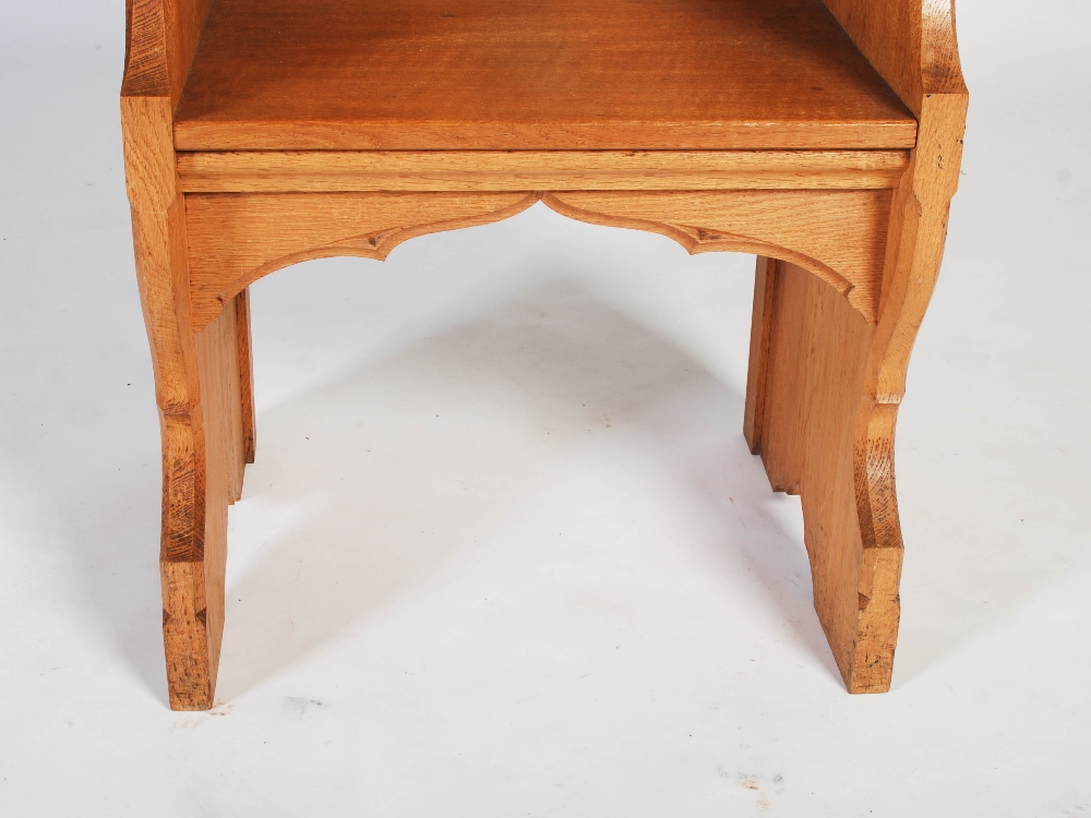 An early 20th century oak Gothic altar chair, the triangular panelled back centred with a relief - Image 7 of 9