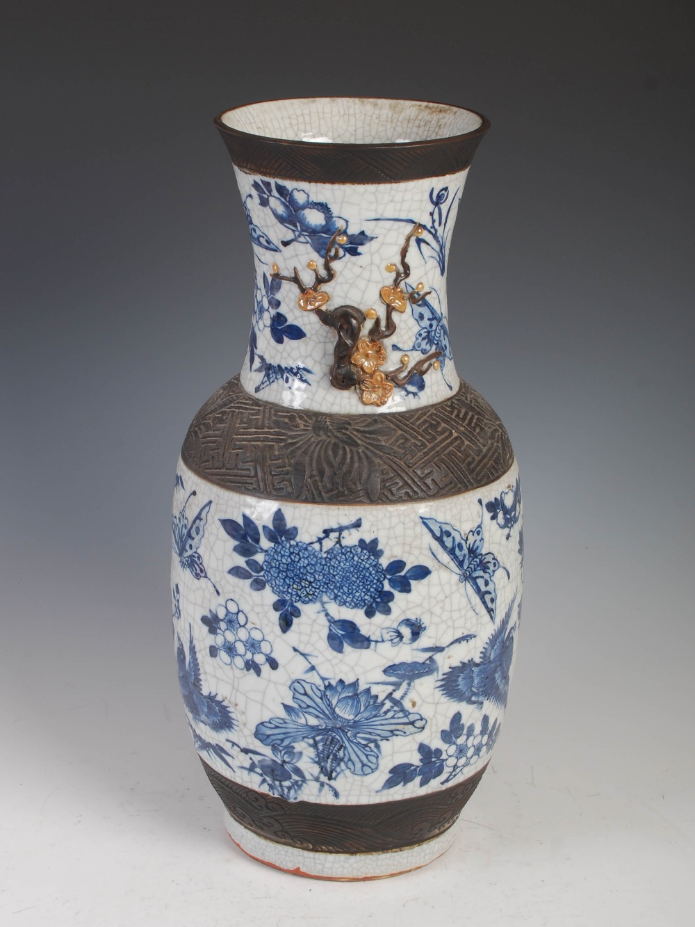 A Chinese porcelain blue and white crackle glazed vase, Qing Dynasty, decorated with foliate sprays, - Image 4 of 10