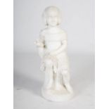 A late 19th/early 20th century white marble figure of a young girl, carved sitting on a tree stump